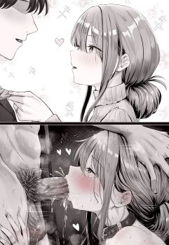 1boy 1girl blush breasts collar faceless faceless_male fellatio greyscale hair_bun hand_on_another's_head heart hetero highres jewelry kinomtan large_breasts leash mature_female monochrome oral penis ring single_hair_bun sparkle spot_color testicles uncensored wedding_ring yahari_ore_no_seishun_lovecome_wa_machigatteiru. yuigahama_yui's_mother