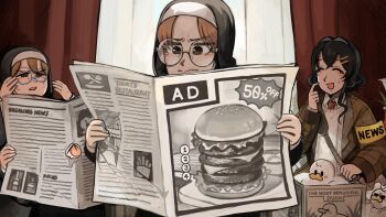 4girls :d bespectacled bird black_hair blue_eyes brown_eyes brown_hair burger chicken commentary diva_(hyxpk) drawn_eyewear duck english_commentary eyewear_switch food froggy_nun_(diva) glasses glasses_nun_(diva) highres holding holding_newspaper hole hungry_nun_(diva) little_nuns_(diva) multiple_girls newspaper nun open_mouth reading reporter_(diva) round_eyewear smile squinting tongue tongue_out traditional_nun