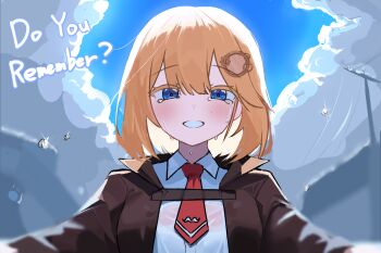 1girl blonde_hair blue_eyes blue_sky blush bob_cut breasts brown_jacket cloud cloudy_sky collared_jacket collared_shirt commentary crying crying_with_eyes_open day dot_nose english_text from_below hair_between_eyes hair_ornament hololive hololive_english jacket long_sleeves looking_at_viewer medium_breasts medium_hair necktie open_mouth outdoors power_lines raised_eyebrows red_necktie shirt short_necktie sky smile solo swept_bangs teardrop tears upper_body virtual_youtuber watson_amelia watson_amelia_(1st_costume) white_shirt wingcat