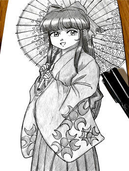 1girl black_hair breasts fingerless_gloves gloves hair_ribbon highres japanese_clothes long_hair long_skirt looking_at_viewer monochrome open_mouth ponytail ribbon sakura_taisen sega shinguuji_sakura sketch skirt small_breasts smile solo tongue traditional_media umbrella