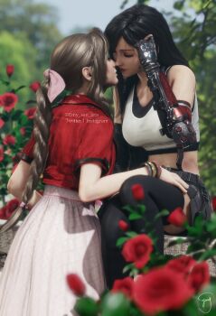 2girls 3d aerith_gainsborough armored_gloves black_hair black_skirt black_thighhighs bracelet braid brown_hair closed_eyes commentary day dress elbow_gloves emy-san final_fantasy final_fantasy_vii final_fantasy_vii_remake flower gloves hair_ribbon hand_on_another's_thigh highres imminent_kiss jacket jewelry long_hair multiple_girls outdoors pink_dress pink_ribbon red_flower red_jacket red_rose ribbon rose single_braid skirt symbol-only_commentary tank_top thighhighs tifa_lockhart twitter_username white_tank_top yuri