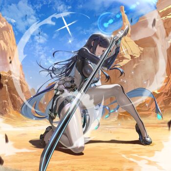 1girl black_hair blue_eyes bodysuit breasts crossover goddess_of_victory:_nikke grey_bodysuit highres holding lens_flare long_hair looking_at_viewer multicolored_bodysuit official_art raven_(stellar_blade) silver_bodysuit skin_tight solo stellar_blade swept_bangs third-party_source two-tone_bodysuit