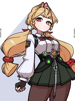 1girl alice_thymefield animal_ears artist_name black_gloves blonde_hair breasts brown_pantyhose commentary cowboy_shot fingerless_gloves gloves green_skirt heterochromia ji_heeeeeee korean_commentary large_breasts long_hair long_sleeves looking_at_viewer pantyhose pleated_skirt rabbit_ears rabbit_girl red_eyes shirt shirt_tucked_in skirt solo standing twintails white_background white_shirt yellow_eyes zenless_zone_zero