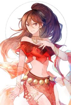 1girl bracelet brown_eyes brown_hair dancer earrings hair_between_eyes high_ponytail highres hoop_earrings jewelry leaf_(esabacoo) long_hair looking_at_viewer mole mole_under_mouth multiple_bracelets navel octopath_traveler octopath_traveler_i ponytail primrose_azelhart red_shawl shawl smile solo standing white_background