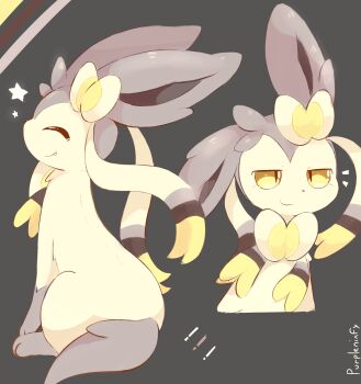 Rule 34 | !, alternate color, analogous colors, artist name, bow, closed eyes, closed mouth, colored sclera, commentary, dot nose, english commentary, fang, full body, gen 6 pokemon, grey background, highres, jitome, limited palette, looking at viewer, multiple views, muted color, nintendo, no humans, notice lines, one ear down, pokemon, pokemon (creature), pokemon focus, purpleninfy, sepia, simple background, sitting, slit pupils, smile, star (symbol), sylveon, two-tone bow, two-tone fur, upper body, warm colored, white bow, yellow bow, yellow eyes, yellow sclera