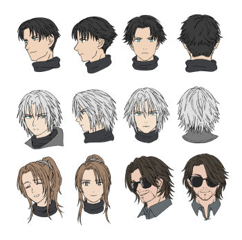 1girl 3boys aged_down alissa_goldie angeal_hewley aqua_eyes black_hair black_jacket black_shirt brown_eyes brown_hair closed_mouth cropped_head expression_chart facial_hair final_fantasy final_fantasy_vii final_fantasy_vii_ever_crisis goatee grey_hair grey_shirt hair_between_eyes hair_tubes highres jacket looking_at_viewer multiple_boys nervous_smile parted_bangs parted_lips photographer ponytail s_m_man sephiroth sephiroth_(ever_crisis) shirt smile smirk sunglasses swept_bangs turtleneck white_background