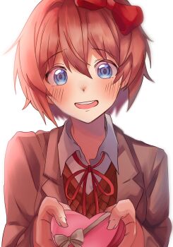 Rule 34 | 1girl, blue eyes, blush, bow, box, brown hair, doki doki literature club, doki doki literature club school uniform, gift, gift box, grey bow, grey ribbon, hair bow, heart-shaped box, highres, long sleeves, looking at viewer, nerunemuteto, red bow, sayori (doki doki literature club), school uniform, short hair, simple background, solo, teeth, upper teeth only, valentine, white background