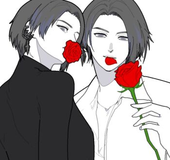 2girls belljian black_hair colored_skin dual_persona ear_piercing final_fantasy final_fantasy_xiv flower flower_in_mouth grey_eyes holding holding_flower looking_at_viewer mouth_hold multiple_girls piercing red_flower red_rose rose shirt short_hair simple_background upper_body white_background white_shirt white_skin zero_(ff14)