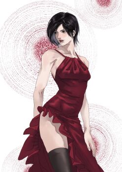 1girl ada_wong alternate_costume arm_behind_back bare_arms bare_shoulders black_hair black_thighhighs breasts collarbone cowboy_shot dress earrings frilled_dress frills halter_dress halterneck highres jewelry long_dress medium_breasts parted_bangs parted_lips red_dress red_lips resident_evil short_hair side_slit simple_background sleeveless sleeveless_dress solo thighhighs thighs xiojio293506
