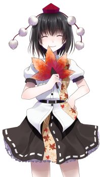 Rule 34 | 1girl, ^ ^, belt, black belt, black bow, black bowtie, black hair, black skirt, bow, bowtie, buttons, closed eyes, closed mouth, collared shirt, commentary request, cowboy shot, crote, facing viewer, frilled skirt, frills, furrowed brow, hand fan, hand on own hip, hand up, hat, hauchiwa, highres, holding, holding fan, large variant set, leaf print, legs apart, maple leaf print, puffy short sleeves, puffy sleeves, red hat, ribbon-trimmed skirt, ribbon trim, shameimaru aya, shirt, short hair, short sleeves, skirt, sleeve cuffs, smile, solo, standing, tachi-e, tokin hat, touhou, transparent background, variant set, white shirt