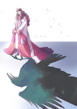 Rule 34 | 1girl, asebi (yatagarasu series), bird, black eyes, braid, brown hair, closed mouth, commentary request, crow, different shadow, dual persona, full body, half-closed eyes, half up braid, highres, japanese clothes, karasu wa aruji wo erabanai, kimono, layered kimono, long hair, nori (norimakigumo), own hands together, shadow, signature, solo, standing, v arms, wavy hair, white kimono, wide sleeves