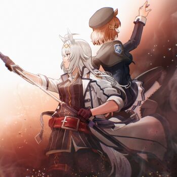 Rule 34 | 2girls, ahoge, altina orion, altina orion (cosplay), animal ears, ayul (ayulneri 92), belno light (umamusume), beret, black capelet, black pantyhose, boots, brown hair, capelet, coat, commentary, commission, cosplay, eiyuu densetsu, gloves, hat, highres, holding, holding sword, holding weapon, horse ears, horse girl, katana, long hair, miniskirt, multiple girls, oguri cap (umamusume), pantyhose, pose imitation, rean schwarzer, rean schwarzer (cosplay), sen no kiseki, sen no kiseki (series), sen no kiseki iii, short hair, skirt, sword, thors military academy branch campus uniform, umamusume, weapon, white boots, white coat, white hair