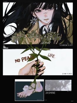1girl black_hair black_nails brown_jacket commentary earrings english_commentary english_text face_piercing flower highres holding holding_flower jacket jasmine_(flower) jewelry john_kafka long_hair mole mole_under_eye nail_polish nose_piercing original piercing toenail_polish toenails