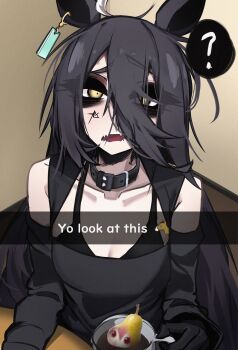 1girl ? ace_glitch alternate_costume animal_ears bare_shoulders black_bra black_collar black_hair black_shirt bra breasts caption cleavage closed_mouth coffee coffee_mug collar collarbone commentary cup double-parted_bangs earrings english_commentary english_text hair_between_eyes highres horse_ears horse_girl jewelry long_bangs long_hair long_hair_between_eyes long_sleeves looking_at_viewer manhattan_cafe_(umamusume) mug pearto shirt single_earring small_breasts solo spoken_question_mark umamusume underwear upper_body yellow_eyes