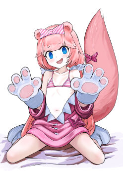@_@ absurdres animal_ears bare_shoulders bed_sheet bikini blue_eyes blunt_bangs bow chromu collarbone diagonal-striped_bow embarrassed flat_chest full_body gloves hair_bow hair_ornament hair_scrunchie hands_up highres indie_virtual_youtuber kobenichiii light_blush long_hair looking_at_viewer low_twintails micro_bikini navel open_mouth paw_gloves pink_bikini pink_bow pink_hair raccoon_ears raised_inner_eyebrows red_bow red_tail scrunchie sitting solo string_bikini striped_bikini striped_bow striped_clothes swimsuit tail tail_bow tail_ornament tail_raised twintails very_long_hair virtual_youtuber wariza white_background white_bow