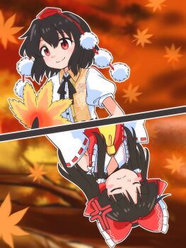 2girls anger_vein angry ascot autumn_leaves bow brown_hair closed_eyes closed_mouth collared_shirt commentary_request detached_sleeves falling_leaves frilled_bow frilled_hair_tubes frills hair_bow hair_tubes hakurei_reimu hat hauchiwa highres leaf long_hair multicolored_shirt multiple_girls pom_pom_(clothes) puffy_short_sleeves puffy_sleeves red_bow red_eyes red_hat ribbon-trimmed_sleeves ribbon_trim shameimaru_aya shirt short_sleeves smile split_screen tokin_hat touhou white_shirt yakousei_no_kame yellow_ascot