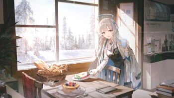 1girl absurdres apron artist_request basket blue_archive blunt_bangs book bread chair coat collared_shirt comiket_107 cup food fork fried_egg halo highres holding holding_cup holding_plate kitchen long_hair long_sleeves looking_at_viewer noa_(blue_archive) pancake parted_lips pine_tree plate shirt smile snow steam straight_hair table tree white_hair white_shirt window wooden_chair wooden_table