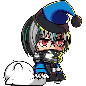 1boy blue_coat blue_hat chibi chibi_only coat dohna_dohna_issho_ni_warui_koto_o_shiyou full_body grey_hair grey_scarf hair_between_eyes hat holding holding_sack implied_kidnapping kouto_matai kuma_(dohna_dohna) male_focus meme multicolored_hair padoru_(meme) red_eyes sack santa_hat scarf scarf_over_mouth short_hair simple_background solo streaked_hair white_background