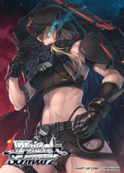 1girl abs black_cloak blonde_hair blue_eyes breasts broken_mask chain cloak coffin exposed_pocket goddess_of_victory:_nikke grave_(nikke) hagure_keg hood hood_up hooded_cloak long_hair mask metal_gloves micro_shorts multiple_scars muscular muscular_female official_art panty_straps scar scar_on_stomach shorts solo standing thighs torn_cloak torn_clothes weiss_schwarz