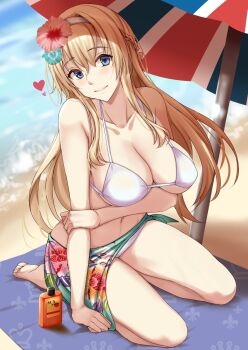 1girl arm_under_breasts barefoot beach bikini blonde_hair blue_eyes breasts cleavage commentary_request feet flower hair_flower hair_ornament hairband heart hibiscus highres kantai_collection kuurunaitsu large_breasts long_hair lotion navel ocean outdoors sarong seiza shadow sitting solo stomach sunscreen swimsuit thighs toes umbrella union_jack variant_set very_long_hair warspite_(kancolle) white_bikini white_hairband