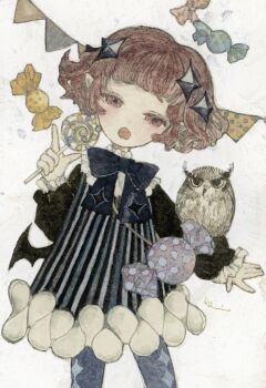 1girl acrylic_paint_(medium) animal_ears bat_wings bird blunt_bangs blush bow brown_hair candy commentary_request cowboy_shot curly_hair dress food frills hair_ornament highres karintoun lollipop looking_at_viewer open_mouth original owl painting_(medium) short_hair signature striped_clothes striped_dress traditional_media watercolor_(medium) wings