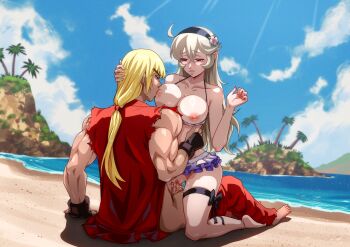 absurdres anklet barefoot beach bikini black_bow black_bowtie black_gloves blonde_hair blush bow bowtie breast_sucking breasts breasts_out capcom clothed_sex clothes_pull crossover female_corrin_(fire_emblem) female_corrin_(novice_vacationer)_(fire_emblem) fire_emblem flower girl_on_top gloves hair_flower hair_ornament hairband hand_on_another&#039;s_head hand_on_another&#039;s_waist highres island jewelry ken_masters long_hair nintendo non-web_source outdoors palm_tree pants pants_pull pussy_juice red_eyes sand sex street_fighter street_fighter_zero_(series) super_smash_bros. swimsuit the_dark_mangaka tree vaginal