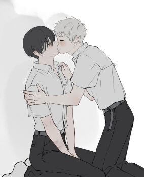 2boys belt black_hair black_pants blush collared_shirt commentary_request french_kiss from_side grey_belt hands_on_another's_shoulders hikaru_ga_shinda_natsu indou_hikaru kiss kneeling looking_at_another male_focus multiple_boys no_shoes pants school_uniform seiza shirt shirt_tucked_in short_hair short_sleeves simple_background sitting socks sono_nu tsujinaka_yoshiki twitter_username watch white_background white_hair white_shirt white_socks wristwatch yaoi