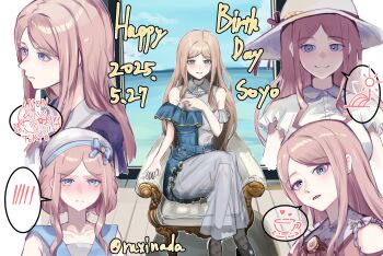1girl anon_tokyo_(bang_dream!) bang_dream! bang_dream!_it&#039;s_mygo!!!!! beret blue_eyes brown_hair chair chihaya_anon clothing_cutout commentary_request crossed_legs dated happy_birthday hat highres long_hair multiple_views nagasaki_soyo partial_commentary rushinada school_uniform short_hair_with_long_locks shoulder_cutout sidelocks sitting solo spoken_blush tsukinomori_school_uniform white_background white_hat