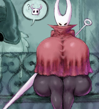 1girl 2b-ge ? black_skin blush breasts colored_skin curvy dress eyelashes female_focus furry furry_female gigantic_breasts hollow_knight hornet_(hollow_knight) horns red_dress sitting sword the_last_stag_(hollow_knight) thick_thighs thighs weapon wide_hips