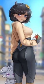 1girl ass ass_focus black_bodysuit black_hair bodysuit bodysuit_under_clothes brown_jacket commentary dark-skinned_female dark_skin emma_(pokemon) english_commentary espurr gen_6_pokemon gloves highres holding holding_poke_ball jacket latex latex_bodysuit looking_back lumiose_city multicolored_gloves nintendo orange_gloves poke_ball pokemon pokemon_legends:_z-a prism_tower shamia_(artist) short_hair thighs two-tone_gloves
