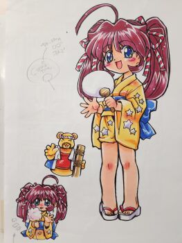 1boy 1girl :p ahoge back_bow bear_boy beard blue_bow blush_stickers bow chibi closed_mouth comic_candy_time connected_beard cotton_candy facial_hair food full_body hand_fan hand_up happi highres holding holding_cotton_candy holding_fan holding_food japanese_clothes kimono kinako_(comic_candy_time) kokomahi long_hair looking_at_viewer multiple_views notice_lines obi official_art open_hand open_mouth paper_fan pink_hair print_kimono red_shirt sandals sash shirt short_kimono smile standing star_(symbol) star_in_eye star_print symbol_in_eye tongue tongue_out towel towel_around_neck traditional_media twintails uchiwa upper_body white_background wide_sleeves yellow_kimono zouri