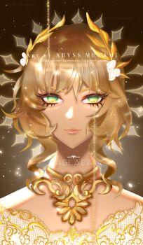 1boy absurdres abyssmegami aglaea_(honkai:_star_rail) blonde_hair close-up earrings green_eyes highres honkai:_star_rail honkai_(series) honkai_impact jewelry looking_at_viewer male_focus non-web_source portrait self-upload simple_background solo upper_body