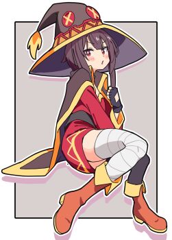 1girl bandaged_leg bandages black_cape black_gloves black_hat black_thighhighs blush_stickers boots button_eyes buttons cape clenched_hand commentary dress fingerless_gloves full_body gloves grey_background hat highres kono_subarashii_sekai_ni_shukufuku_wo! long_sleeves looking_at_viewer megumin noyama_takenoko orange_boots outline red_dress red_eyes short_dress simple_background single_thighhigh sitting solo thighhighs white_outline witch_hat