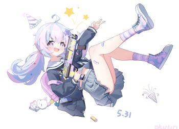 +_+ 1girl absurdres ahoge backpack bag blue_archive blue_jacket commentary exusiai_dust green_skirt gun hair_ornament highres jacket long_hair looking_at_viewer multicolored_hair open_mouth pink_hair pump_action purple_eyes purple_hair purple_socks school_uniform shoes shotgun skirt sneakers socks standard_manufacturing_dp-12 twintails untranslatable_commentary weapon