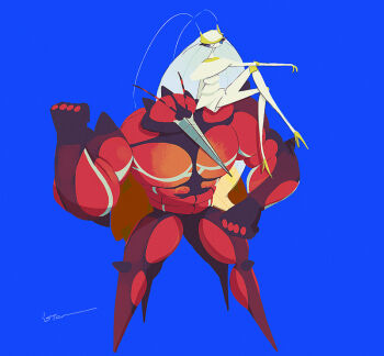 1girl 1other antennae arthropod_girl blue_background blue_pupils bug buzzwole cockroach_girl colored_sclera colored_skin eyelashes flexing full_body furry furry_female gen_7_pokemon insect insect_wings isutai joints long_hair looking_at_another looking_at_viewer mosquito muscular nintendo pheromosa pokemon pokemon_(creature) proboscis purple_sclera simple_background sitting standing ultra_beast white_hair white_skin wings