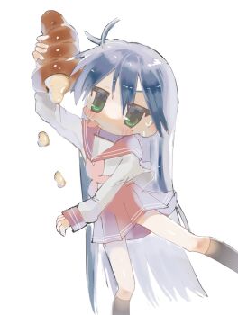Rule 34 | 1girl, blue hair, blush, chocolate cornet, commentary request, cream, food, green eyes, highres, holding, holding food, izumi konata, jitome, kutabatte4mei, licking, long hair, long sleeves, lucky star, mole, mole under eye, neckerchief, pleated skirt, school uniform, serafuku, sketch, skirt, sleeve cuffs, socks, solo, standing, standing on one leg, tongue, tongue out, very long hair