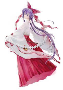 1girl absurdres bow colored_eyelashes commentary_request from_side gohei hair_bow hair_tubes hakama hakama_skirt hakurei_reimu hakurei_reimu_(pc-98) highres holding holding_gohei japanese_clothes long_hair long_sleeves looking_to_the_side parted_lips ponytail purple_eyes purple_hair red_bow red_ribbon red_skirt ribbon shirt simple_background skirt solo touhou touhou_(pc-98) very_long_hair white_background white_shirt yinyong_yu