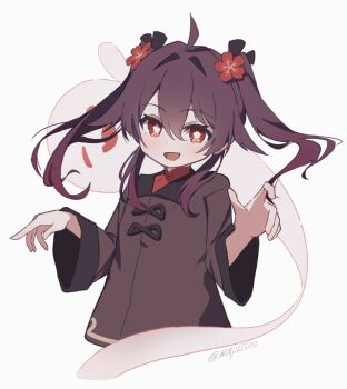 Rule 34 | 1girl, :d, aged down, ahoge, blush, boo tao (genshin impact), brown hair, brown shirt, chinese clothes, collared shirt, commentary, flower, flower-shaped pupils, genshin impact, ghost, hair between eyes, hair flower, hair ornament, hands up, highres, hu tao (genshin impact), long hair, long sleeves, looking at viewer, ninji665102, open mouth, plum blossoms, red eyes, red flower, shirt, simple background, smile, solo, symbol-shaped pupils, twintails, twitter username, upper body, white background, wide sleeves