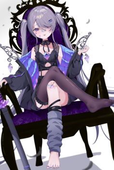 1girl absurdres bandaid bandaid_on_cheek bandaid_on_face bandaid_on_knee bandaid_on_leg bandaid_on_nose barefoot black_jacket black_ribbon black_shirt black_skirt black_thighhighs castellayaki chair chest_jewel cracked_skin crossed_legs feet gem grey_hair grey_leg_warmers highres hololive hololive_english jacket koseki_bijou koseki_bijou_(casual) leg_warmers long_hair metal_wings nail_polish official_alternate_costume official_alternate_hairstyle purple_eyes purple_gem purple_nails quilted_jacket ribbon shirt single_bare_foot single_leg_warmer single_thighhigh sitting skirt solo thighhighs toenail_polish toenails toes toes_visible_through_clothing tomato_(sword) tongue tongue_out twintails two-sided_fabric two-sided_jacket virtual_youtuber