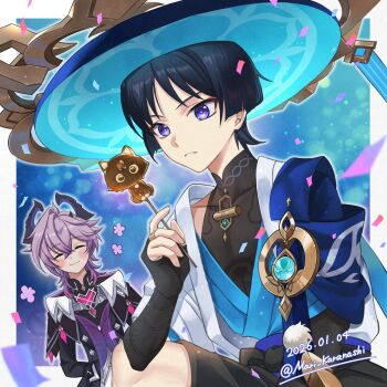 Rule 34 | 2boys, anemo symbol (genshin impact), aqua gem, arm at side, armor, arms behind back, black bodysuit, black bow, black bridal gauntlets, black coat, black hair, black horns, black shirt, black shorts, black sleeves, blue background, blue cape, blue hat, blue kimono, blue sleeves, blunt ends, blush, bodysuit, border, bow, bridal gauntlets, cape, chest jewel, closed eyes, closed mouth, coat, collared coat, commentary request, confetti, covered collarbone, crossed bangs, dated, dragon horns, durin (genshin impact), dutch angle, elbow on knee, eyeliner, eyeshadow, facial mark, facing another, feathers, fingernails, food, food request, forehead mark, gem, genshin impact, gold, gold ring, hair between eyes, hand up, hat, heart-shaped gem, highres, holding, holding food, horns, japanese armor, japanese clothes, jingasa, juban, karanashi mari, kimono, kote, kurokote, layered sleeves, long sleeves, looking at object, makeup, mandarin collar, middle ring, multiple boys, open clothes, open collar, open kimono, outline, pants, parted lips, pom pom (clothes), purple eyes, purple hair, purple horns, purple pupils, purple vest, red eyeliner, red eyeshadow, red gemstone, scaramouche (cat) (genshin impact), scaramouche (genshin impact), shirt, short sleeves, shorts, shoulder peek, sitting, smile, standing, twitter username, two-sided horns, undershirt, vest, wanderer (genshin impact), watermark, white border, white kimono, white mouth, white outline, white pants, white sleeves, white trim, wispy bangs, yellow feathers