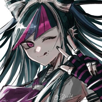 1girl 3zzz1a :q black_gloves black_hair black_nails black_sailor_collar blue_hair bracelet closed_mouth commentary danganronpa_(series) danganronpa_2:_goodbye_despair face_piercing fingerless_gloves flipped_hair gloves hair_horns hand_up highres jewelry lip_piercing long_hair looking_at_viewer mioda_ibuki multicolored_gloves multicolored_hair multiple_piercings multiple_rings nail_polish neckerchief one_eye_closed piercing pink_eyes pink_hair portrait purple_gloves purple_neckerchief raised_eyebrow ring sailor_collar sailor_shirt shirt short_sleeves simple_background single_fingerless_glove smile solo spiked_ear_piercing streaked_hair striped_clothes striped_gloves tongue tongue_out twitter_username two-tone_gloves w white_background white_shirt white_streaks