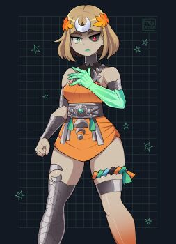 1girl absurdres ancient_greek_clothes arm_armor artist_name asymmetrical_legwear bare_shoulders belt black_background black_sclera blonde_hair breasts colored_sclera commentary crescent crescent_hair_ornament dress english_commentary freydraws greco-roman_clothes green_eyes green_lips hades_(series) hades_2 hair_ornament heterochromia highres looking_at_viewer medium_breasts medium_hair melinoe_(hades) metal_belt mismatched_sclera orange_dress red_eyes signature single_thighhigh solo thigh_strap thighhighs thighs