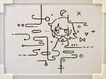 Rule 34 | 1girl, abstract, ahoge, buttons, closed mouth, colo (frypan soul), detached ahoge, dot mouth, greyscale, looking at viewer, medium hair, monochrome, original, solo, traditional media, upper body, white background, whiteboard (medium)