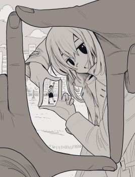 1other 2girls arm_up bag building cloud coat day finger_frame greyscale hands_up head_tilt highres jacket long_sleeves looking_at_viewer medium_hair monochrome multiple_girls open_clothes open_coat open_jacket open_mouth original outdoors pov pov_hands scarf shirt short_sleeves shoulder_bag skirt smile solid_eyes standing standing_on_one_leg striped_clothes striped_shirt tree trench_coat waving yamaso