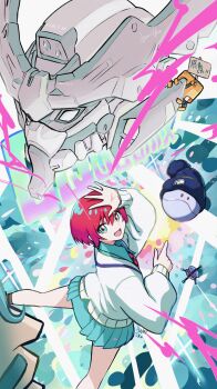 1girl absurdres amate_yuzuriha beanie blue_eyes character_name commentary_request conch_(gundam) energy glowing gquuuuuux gundam gundam_gquuuuuux hand_on_own_forehead haro hat highres looking_at_viewer looking_back machinery mecha mecha_focus miniskirt mobile_suit necktie non-humanoid_robot pet red_hair robot rooru_kyaabetsu school_uniform science_fiction skirt title translation_request v-fin walker_(robot) when_you_see_it zeknova