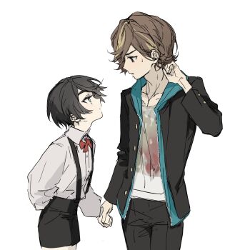 Rule 34 | 2boys, aged down, aqua jacket, arm behind back, black hair, black jacket, black pants, black shorts, blonde hair, bow, bowtie, brown hair, closed mouth, collared shirt, green eyes, hanaseto, hidari shoutarou, highres, holding hands, hood, hood down, hooded jacket, jacket, kamen rider, kamen rider w, layered clothes, long sleeves, male focus, multicolored hair, multiple boys, open clothes, open jacket, pants, parted lips, philip (kamen rider), purple eyes, red bow, red bowtie, shirt, short hair, shorts, simple background, streaked hair, suspender shorts, suspenders, two-tone hair, white background, white shirt