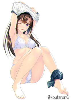 1girl armpits arms_up artist_name barefoot blue_buruma bow bow_bra bra breasts brown_hair buruma buruma_around_one_leg cleavage commentary_request gym_shirt gym_uniform koutaro large_breasts long_hair one_eye_closed open_mouth original panties purple_eyes shirt simple_background sitting solo toes twitter_username underwear undressing watermark white_background white_bra white_panties white_shirt