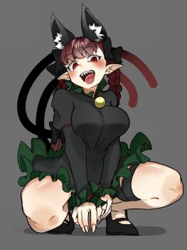 1girl animal_ear_fluff animal_ears black_dress black_shoes bow braid breasts cat_ears cat_girl cat_tail dress extra_ears fingernails frilled_dress frills full_body grey_background hair_bow high_collar highres juliet_sleeves kaenbyou_rin large_breasts long_fingernails long_sleeves looking_at_viewer mary_janes monochrome multiple_tails open_mouth pointy_ears puffy_sleeves red_eyes red_hair sharp_teeth shoes side_braids solo squatting tail teeth tenkatorouze touhou twin_braids two_tails