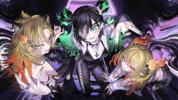 3girls absurdres bare_shoulders black_bra black_hair black_nails black_pants bra bracelet cersea_soulstorm chromashift cross-laced_slit double_bun eyepatch fingernails fire gradient_nails green_eyes green_fire green_nails hair_bun highres hyena_ears hyena_girl jewelry long_fingernails long_hair multiple_girls orange_hair orange_nails pants perspective pungson_mori ruby_runeheart spiked_bracelet spikes underwear virtual_youtuber yena_youngblood