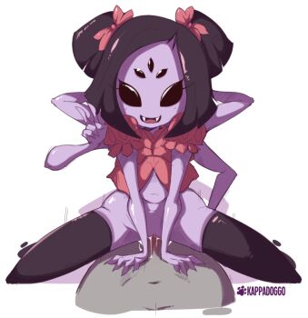 black_hair black_thighhighs colored_skin cowgirl_position cum cum_string extra_arms extra_eyes kappadoggo looking_at_viewer muffet on_top_of_viewer penis purple_skin pussy sex sitting straddling thighhighs undertale utdr_(toby_fox) wariza